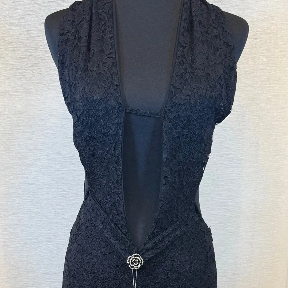 Murci Black Lace Halter Gown US 6 Plunge Neck Maxi Dress High Slit Formal - Picture 5 of 10